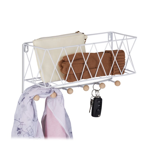 Relaxdays Estantería Pared con Perchero 6 Ganchos, Balda Flotante Diseño Rejilla, Metal y Madera, 17x36x13 cm, Blanco