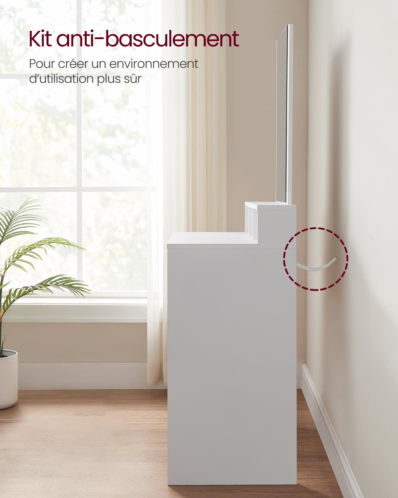Coiffeuse Avec Miroir, 2 Tiroirs, 3 Compartiments De Rangement, 80 x 40 x 140 cm, SANS TABOURET, Style Moderne, Blanc - 5