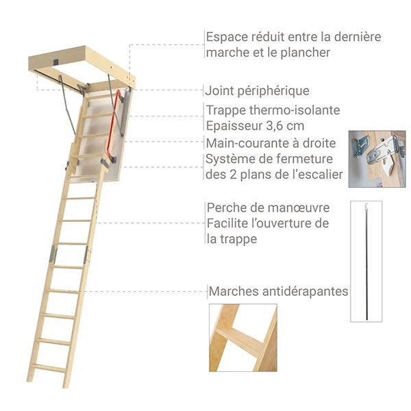 Echelle escamotable bois - Trémie de 70 x 120cm - Hauteur de 2.05 à 3.05m - LDK70120/305 - 3