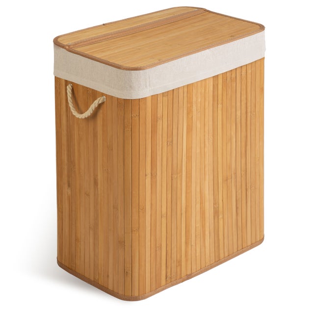 Kosz na pranie Massido 100l bambusowy dwukomorowy z pokrywą 61x54x34 cm naturalny beżowy