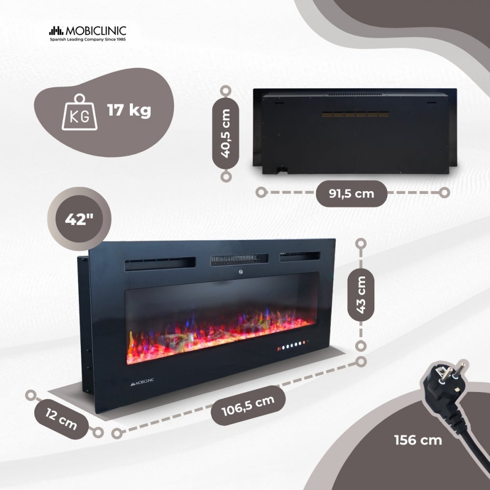Chimenea eléctrica de pared Mobiclinic Estufa 106.5x12x43 cm Potencia 1800W Llama 3D Protección sobrecalentamiento Temporizador Control Wifi Fury - 2