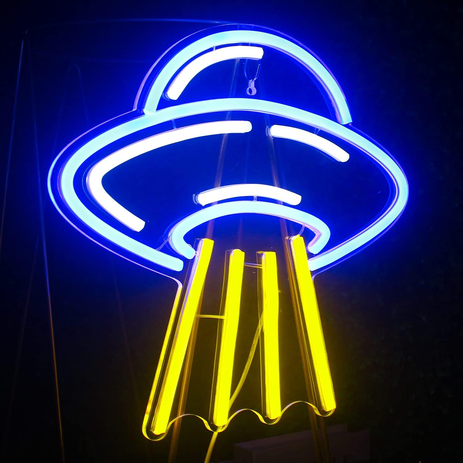Obcy statek kosmiczny UFO LED niebieski żółty neon do sypialni, neonowa ściana akrylowa, do dekoracji szkolnego muzeum nauki