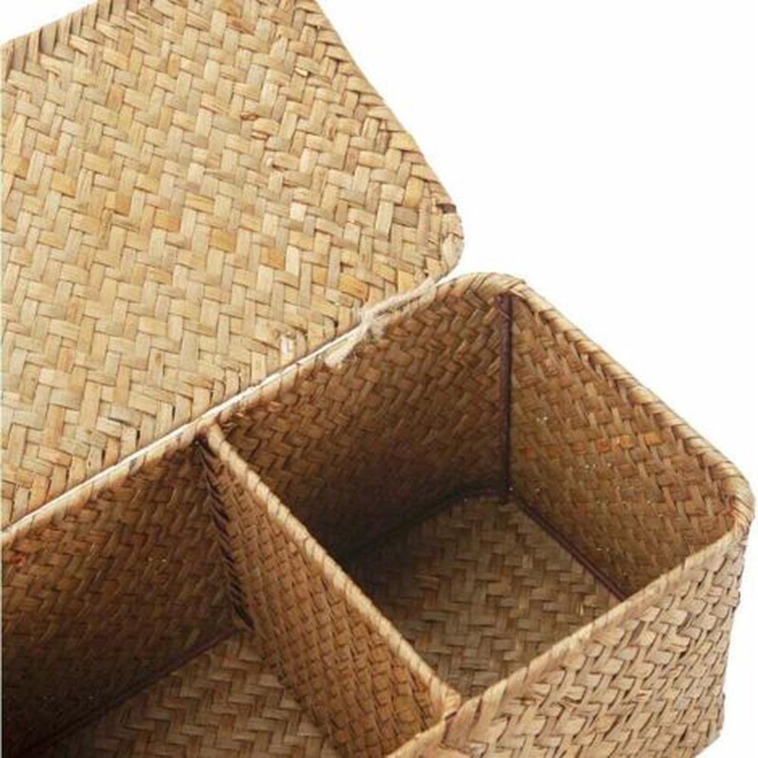 Panier de Rangement avec Couvercle Rectangulaire Coffre en Osier avec Compartiments Organisable Papier Toilette Snack Jouets - 3