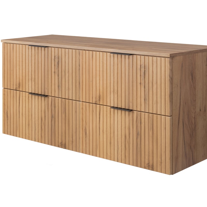 Szafka pod umywalkę z blatem FLOW 120 cm dąb craft 2 kolory uchwytów w zestawie ryflowane fronty
