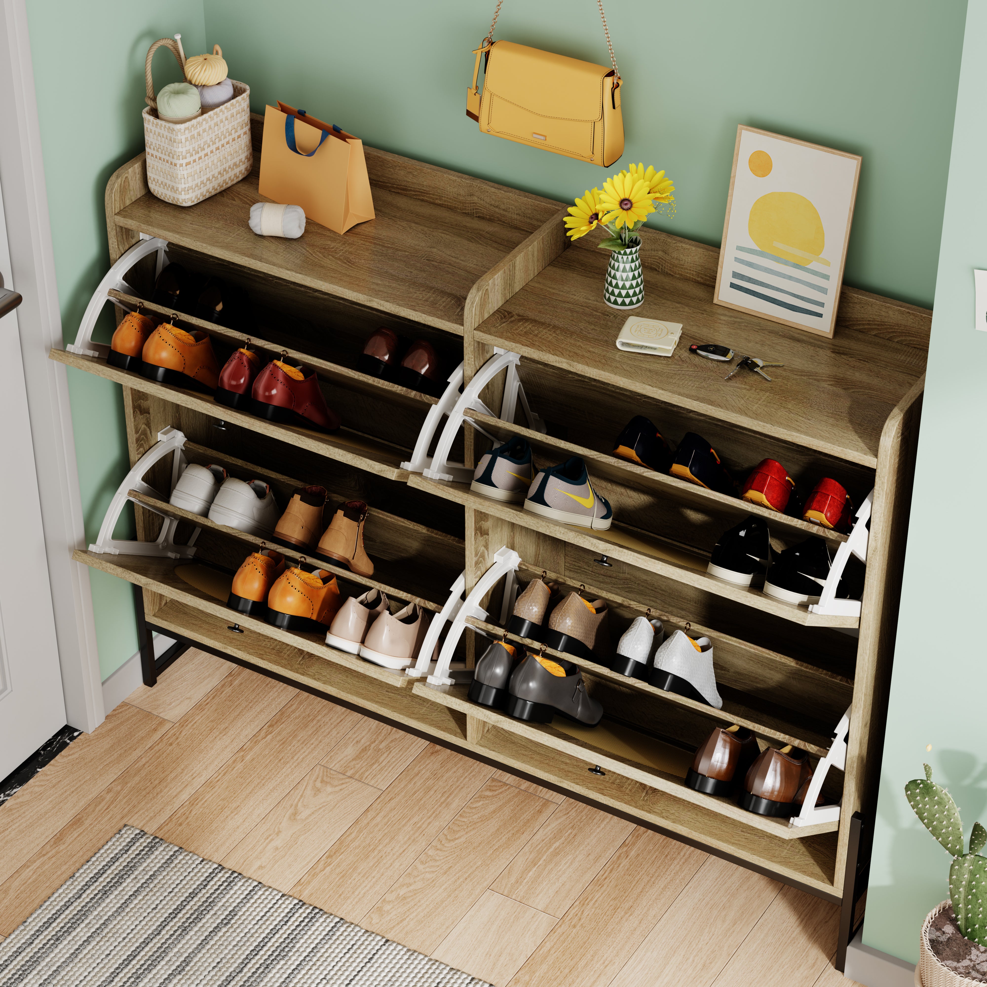 Meuble à chaussures étroit avec 4 portes - 121 x 25 x 91.5 cm - Panneau de particules - Naturel - 4