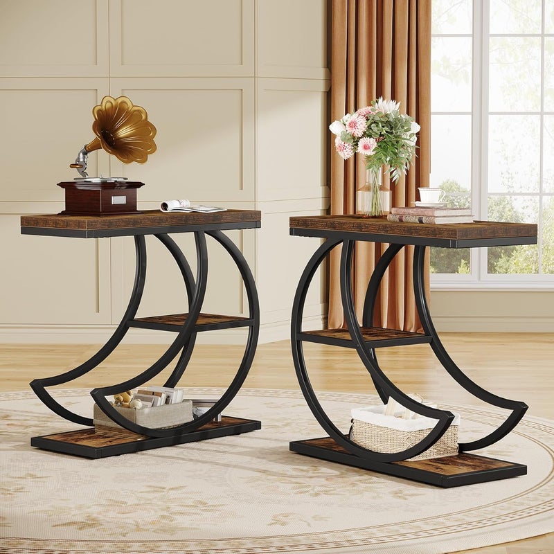 Stolik kawowy Tribesigns 3-poziomowy, industrialny stolik kawowy z 3 półkami, stolik kawowy w kształcie półksiężyca