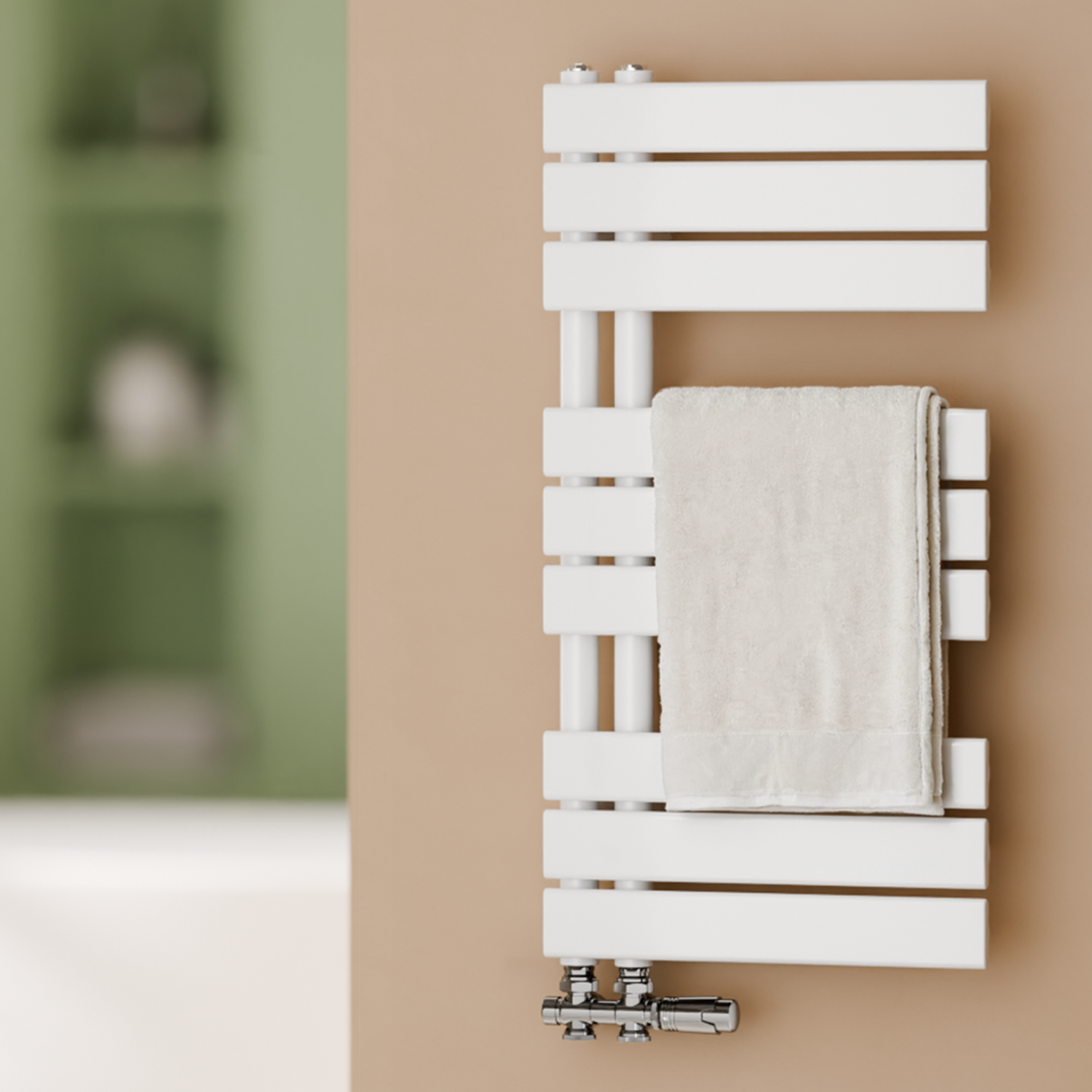 Grzejnik łazienkowy drabinkowy na ciepłą wodę - Stalowy z podłączeniem środkowym - Kolor biały - Wymiary 762 x 400 mm - Moc 342 W