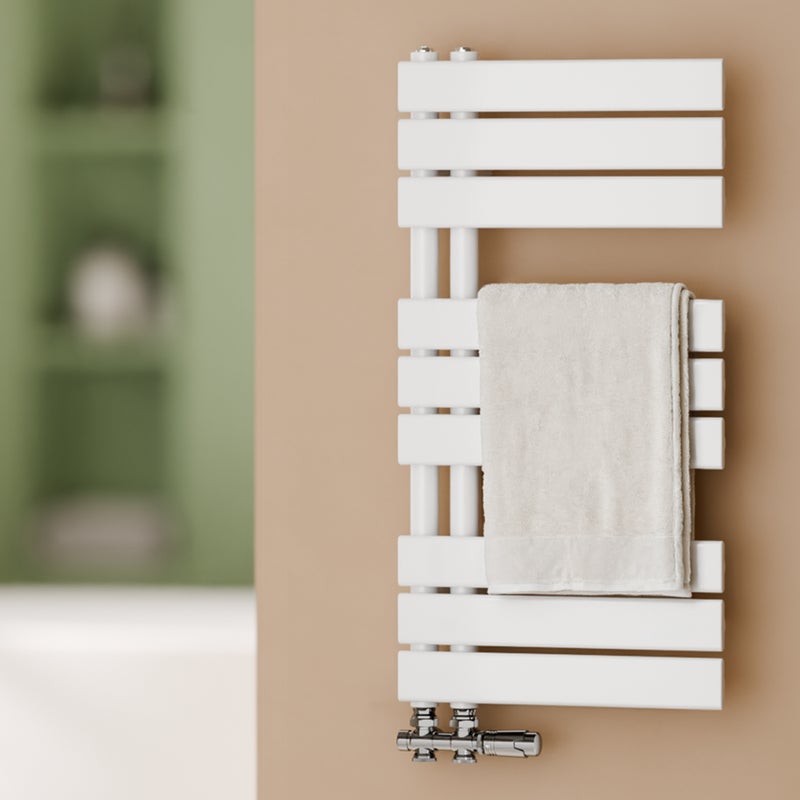 Grzejnik łazienkowy drabinkowy na ciepłą wodę - Stalowy z podłączeniem środkowym - Kolor biały - Wymiary 762 x 400 mm - Moc 342 W