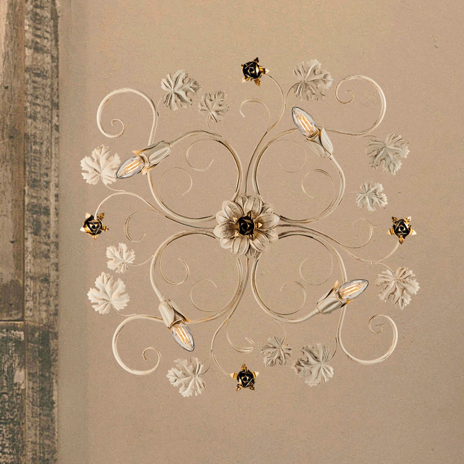 Iris Plafonnier en fer laqué ivoire décor or antique 4 lumières H.17 d.76 BL169-PL4-AV - 3