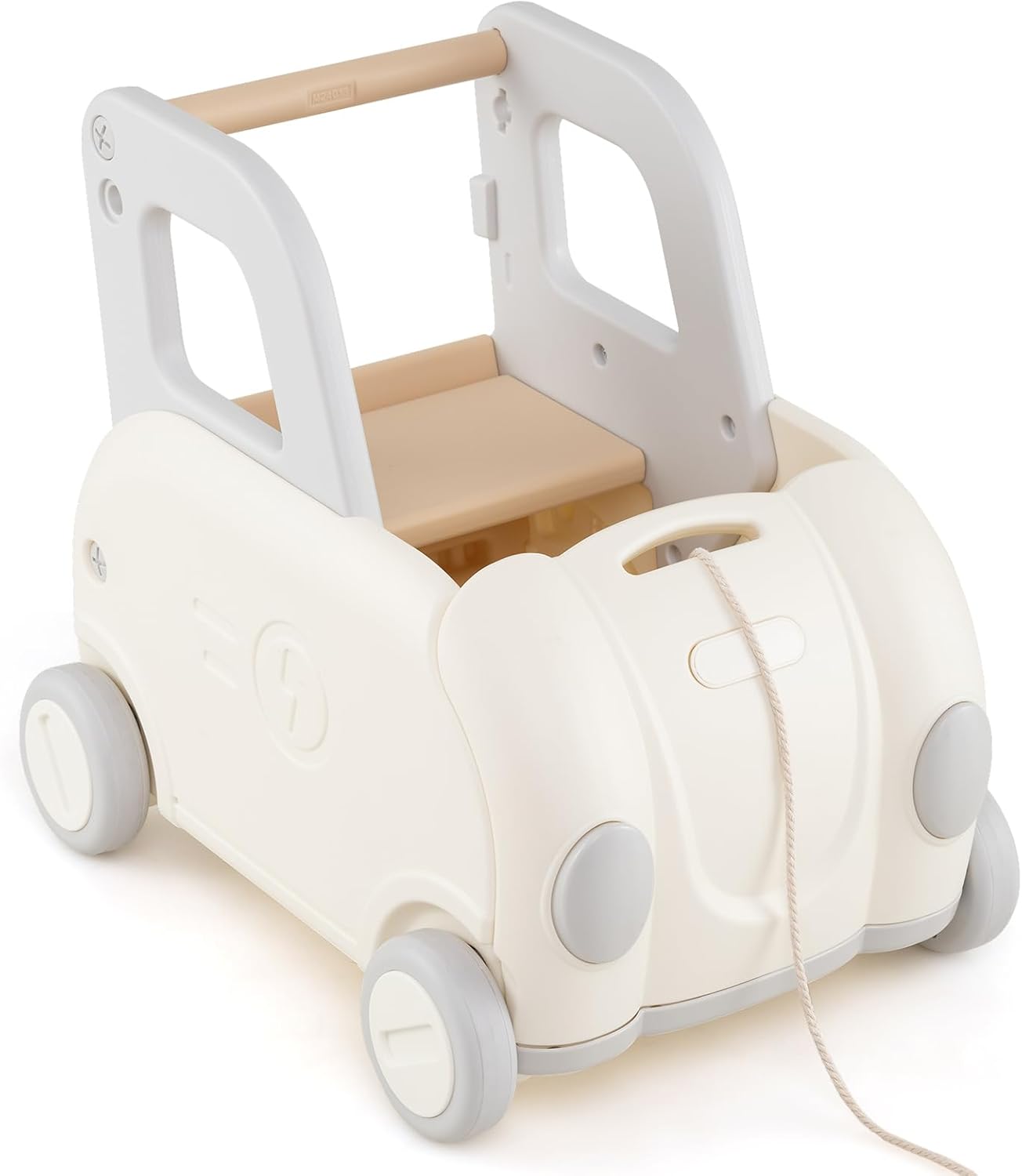 Wózek do Chodzenia dla Niemowląt, Chodzik w Kształcie Samochodu, z Rączką, Składanym Siedziskiem, Linką do Ciągania, Organizerem na Zabawki i Książki