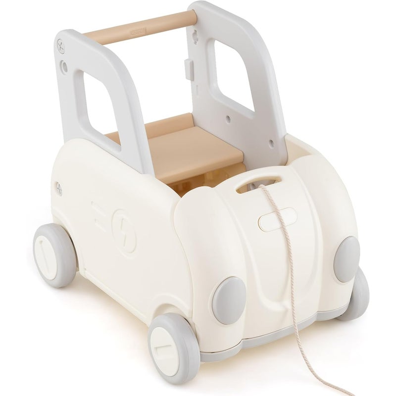 Wózek do Chodzenia dla Niemowląt, Chodzik w Kształcie Samochodu, z Rączką, Składanym Siedziskiem, Linką do Ciągania, Organizerem na Zabawki i Książki