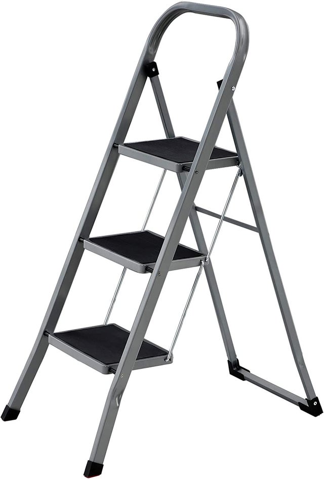 Échelle Domestique à 3 Marche, Pliable, Largeur de Marche 20 cm, Antidérapant,Charge 150 kg,Gris et Noir