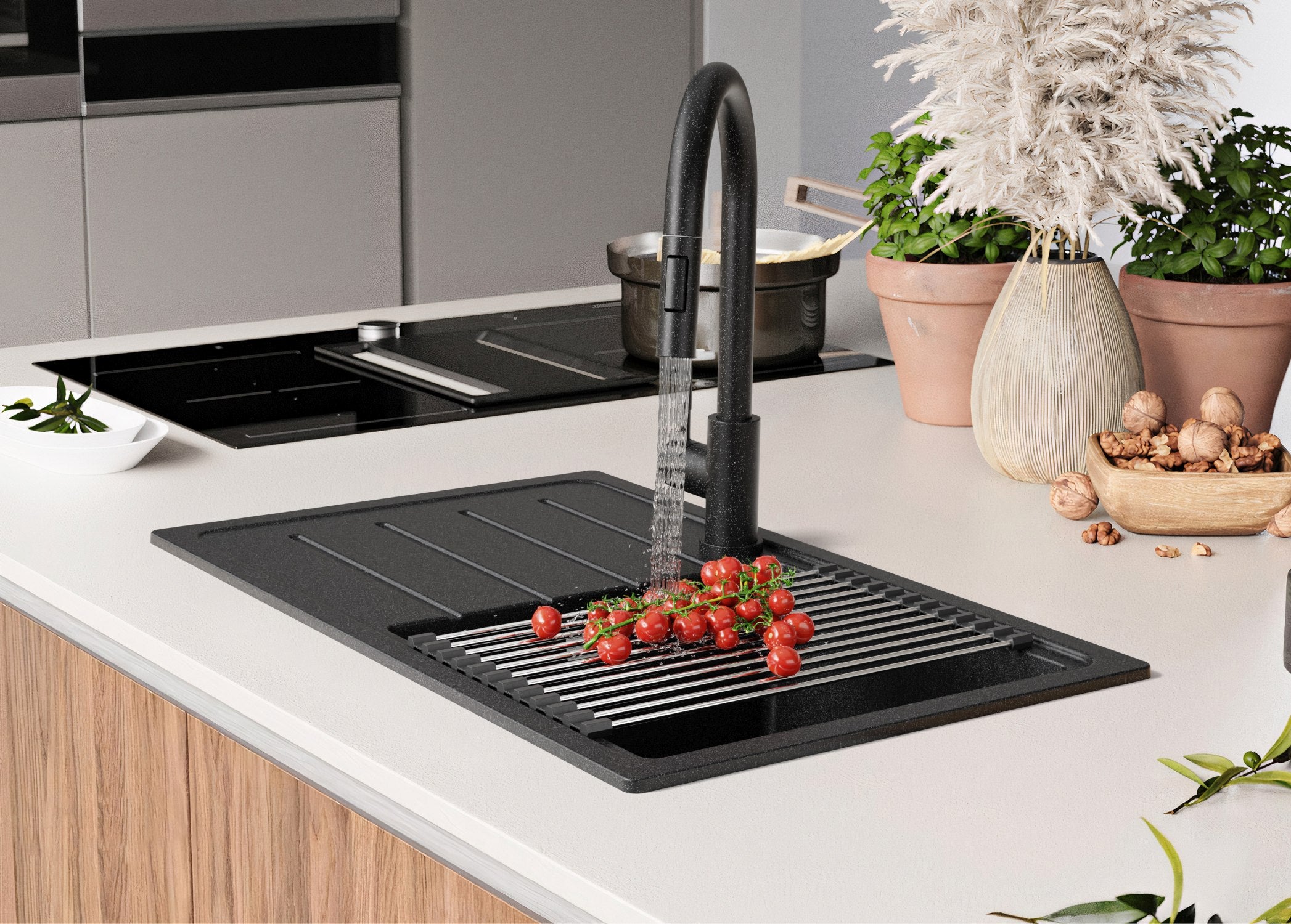 Evier Cuisine en Granit Graphite 70x44cm, Lavabo 1 bac + Kit de Vidage, Évier à Encastrer au meuble 45cm - Copenhague Easy PRIMAGRAN - 9