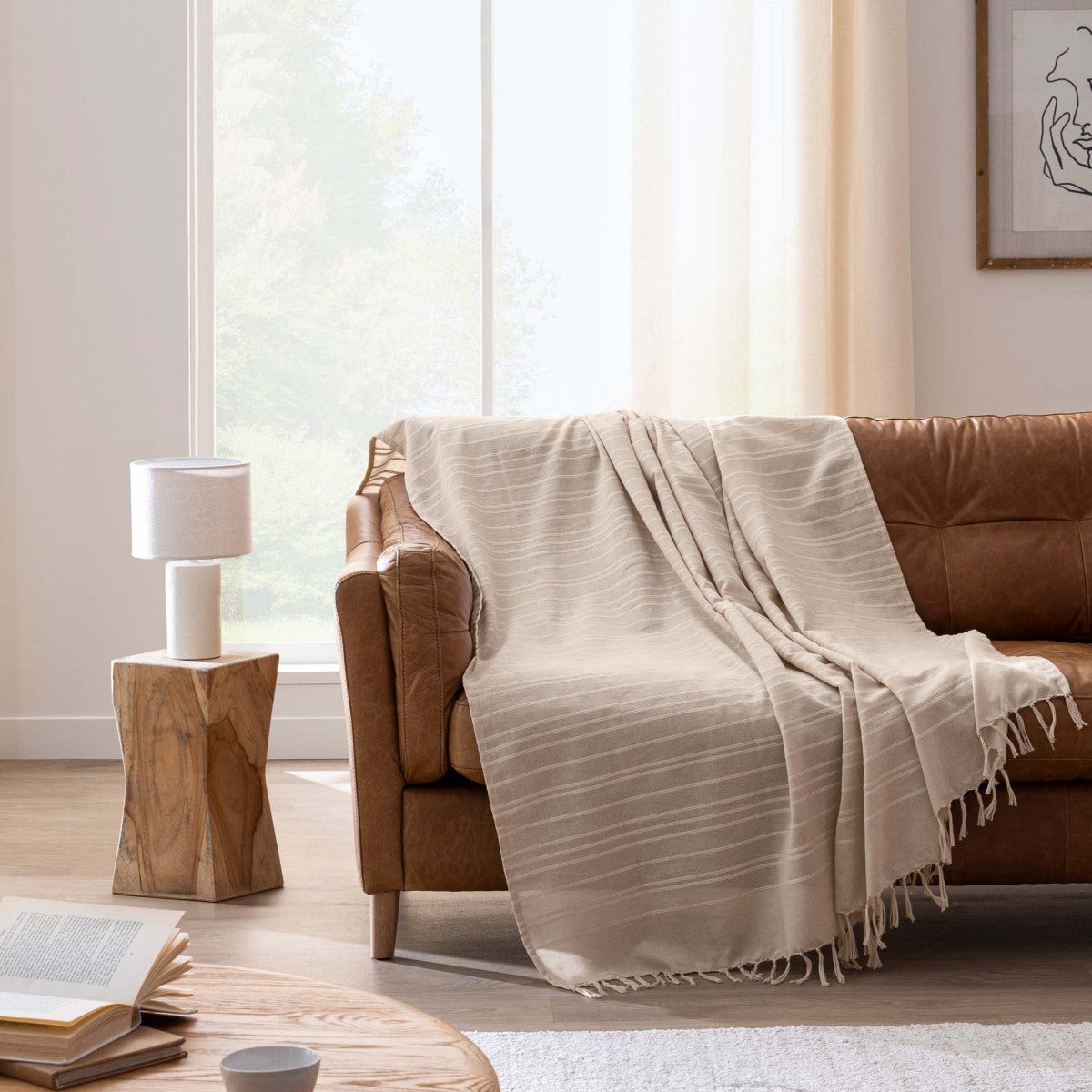 Plaid LILIA 240 x 220 cm – 100 % coton – Plaid à franges Beige - 4