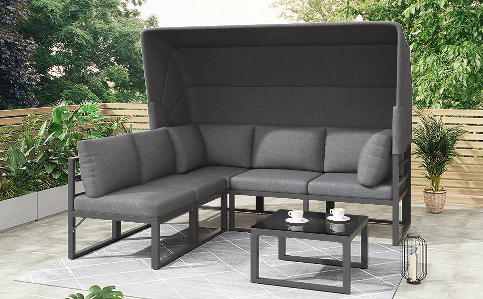 Zestaw ogrodowych krzeseł wypoczynkowych-4 sztuki-stołek i stolik z baldachimem-odporny na warunki atmosferyczne-szary-z wszystkimi poduszkami - 8