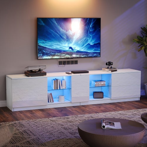Meuble TV en MDF Solide avec Éclairage LED et Finition Brillante