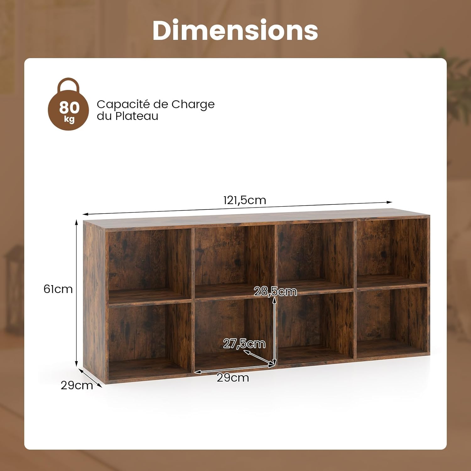Bibliothèque d'Exposition à 2 Niveaux avec 8 Cubes, Étagère de Rangement Autoportante avec 2 Kits Antibasculement (Marron Rustique) - 3