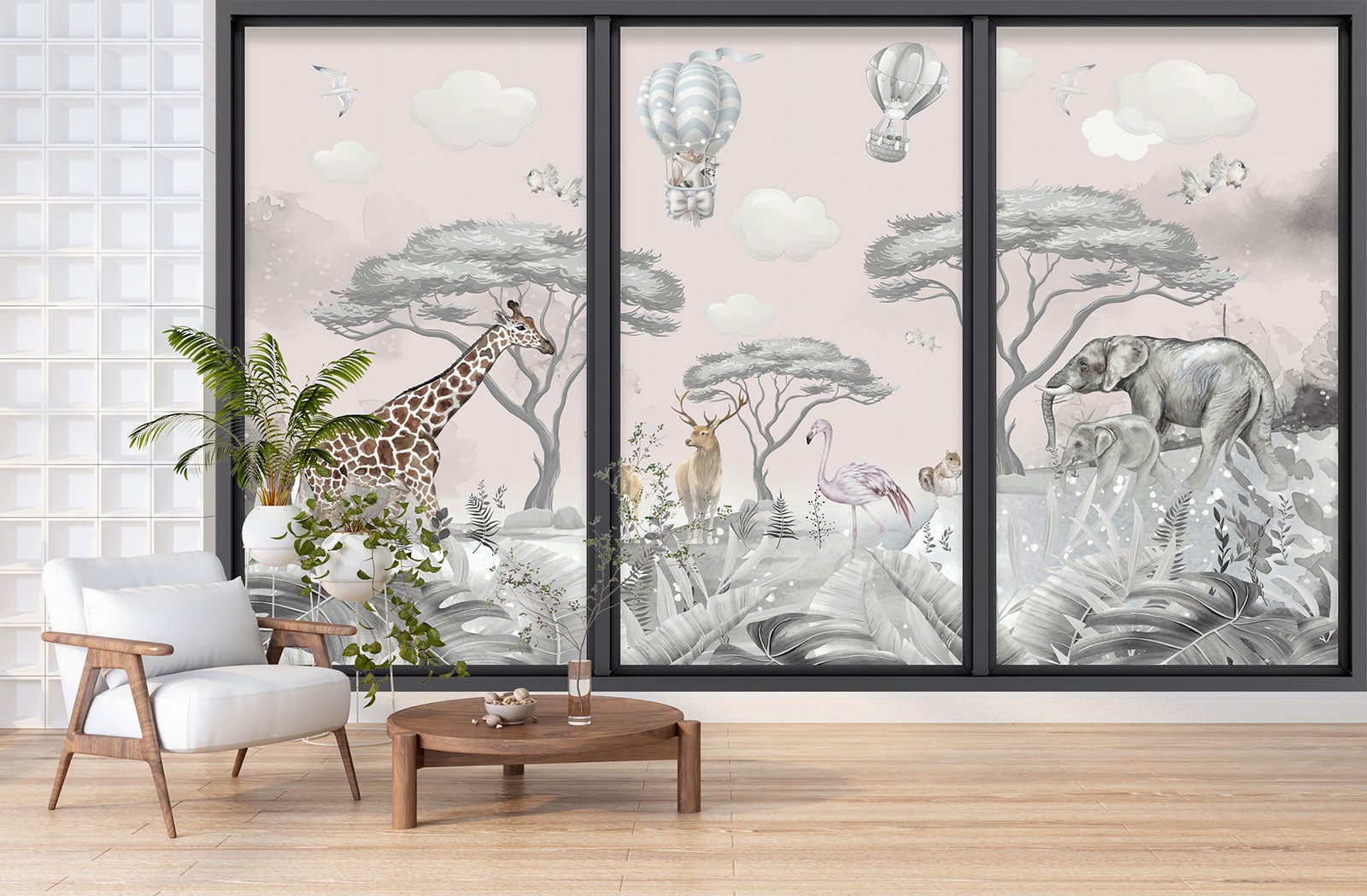 Papier peint panoramique Trompe l'oeil baie vitrée - Enfants - Animaux de la jungle - Largeur 417 cm x Hauteur 250 cm - 3