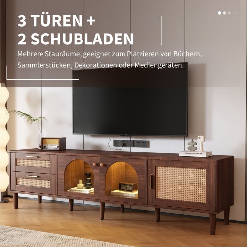 Meuble Tv 180cm Avec 2 Tiroirs éClairage Led 2 Portes VitréEs Et 1 Porte En Rotin Stockage ,Brun - 5