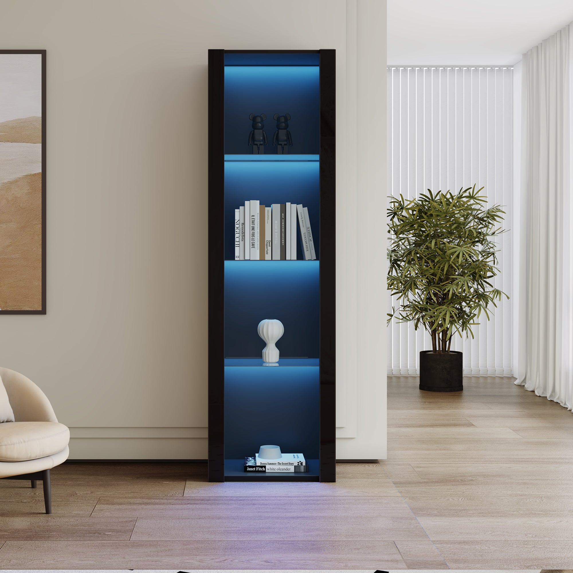 Witryna z 3 szklanymi półkami, wysoka komoda - 56 x 35 x 166 cm - diody LED - płyta wiórowa - kolor czarny