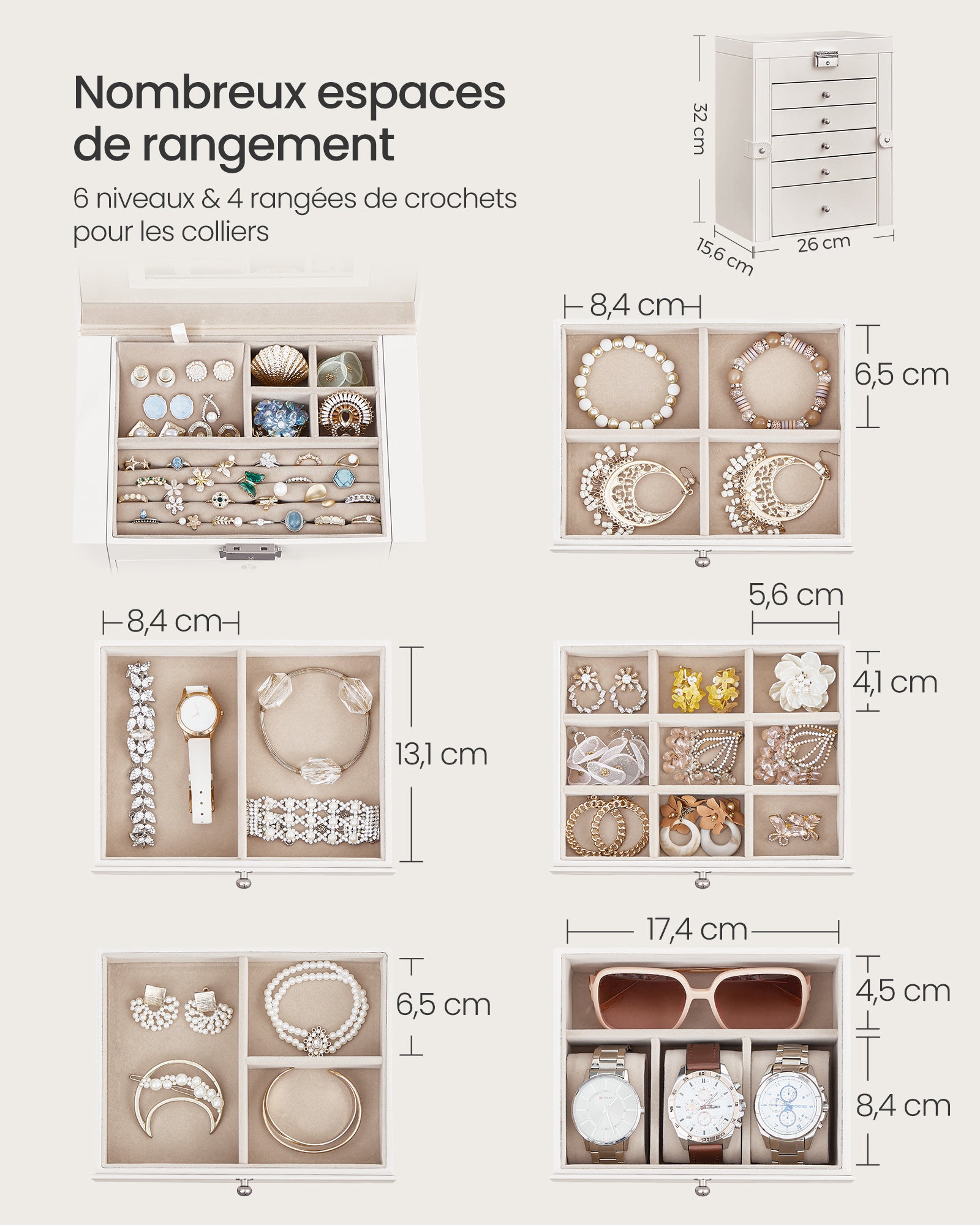 Boîte à Bijoux, Grand, 6 Niveaux avec Ailes, tiroirs, Miroir et Fermoir, Blanc - 5