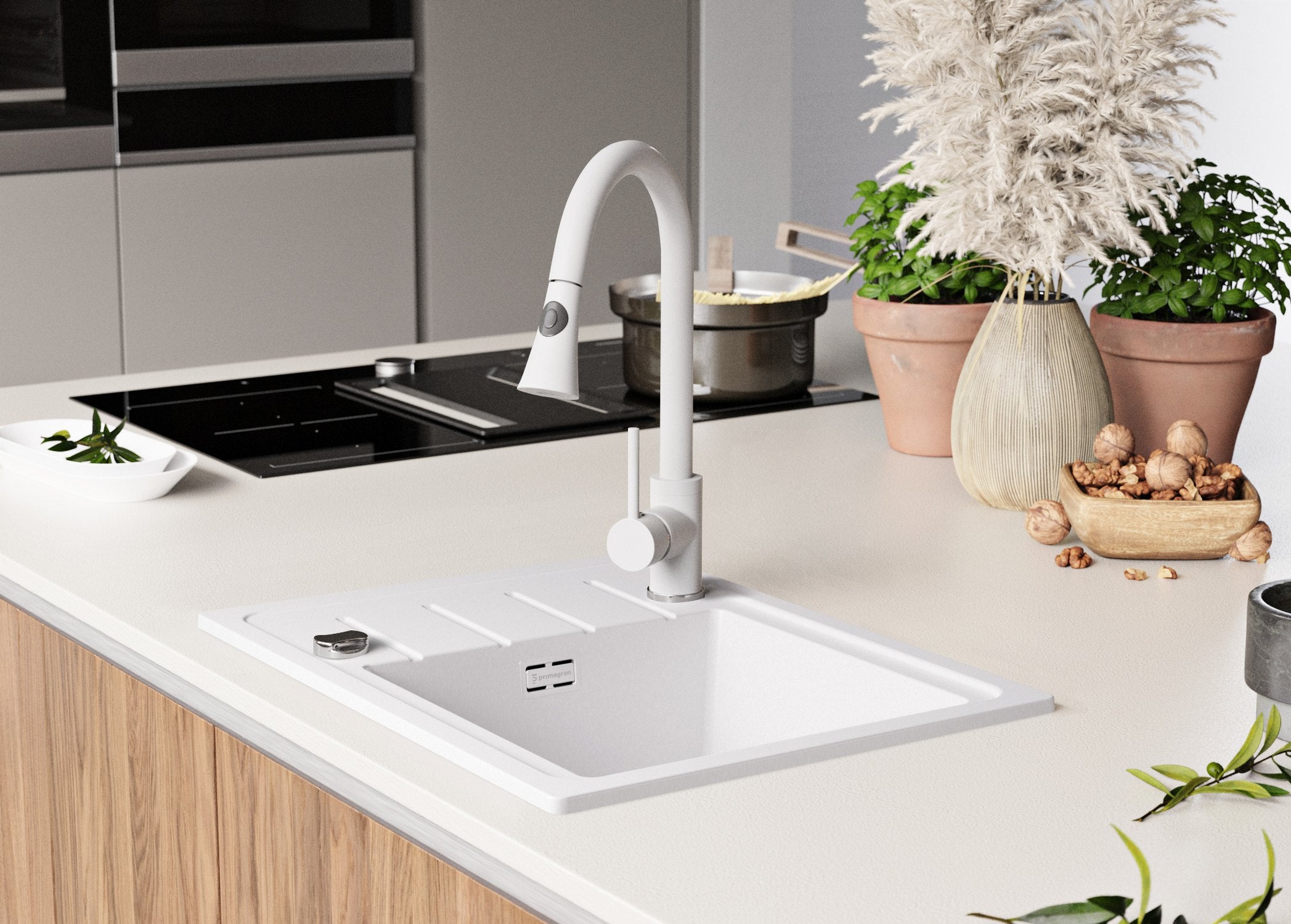 Evier Cuisine en Granit Tout Blanc 55x44cm, Lavabo 1 bac + Kit de Vidage + Accessoire, Évier à Encastrer au meuble 45cm - Copenhague Easy PRIMAGRAN - 9