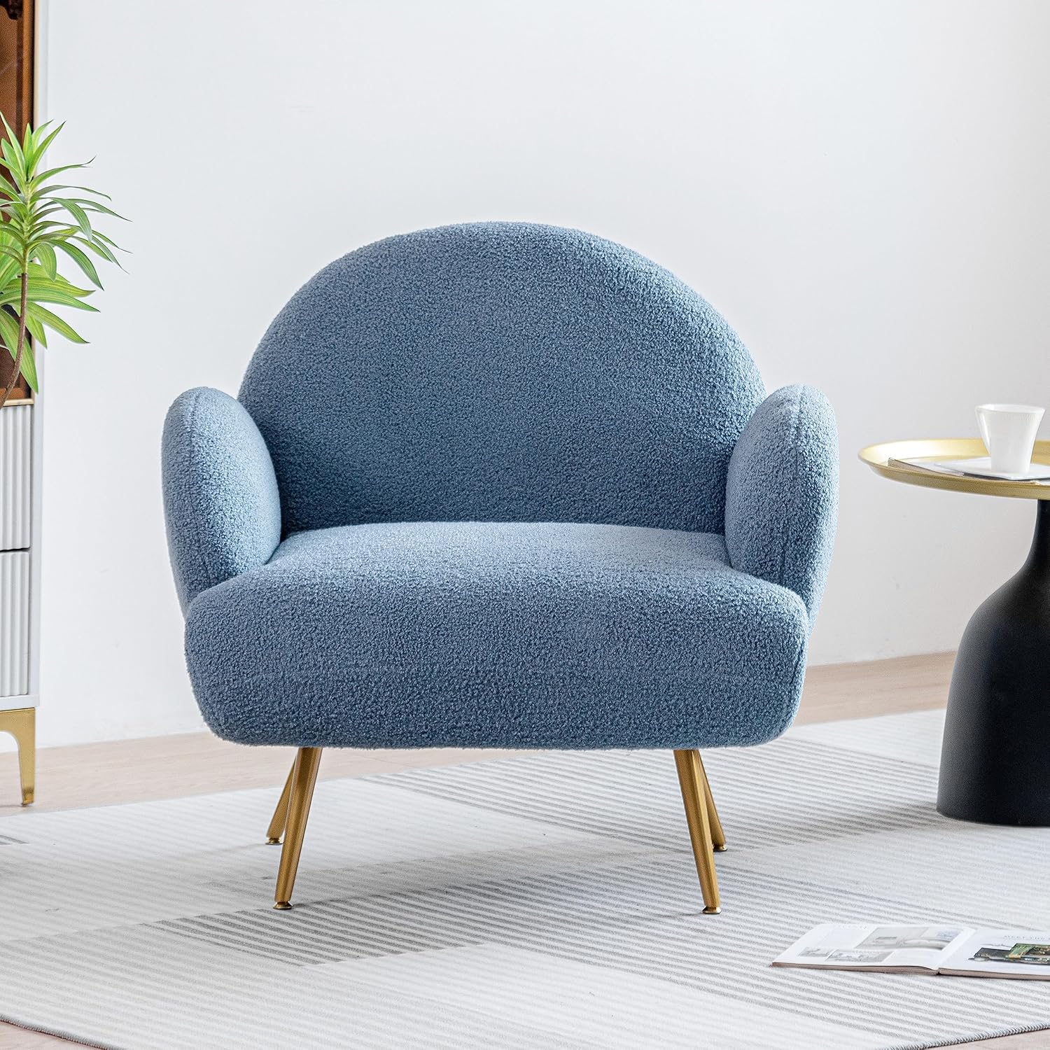 Fauteuil Moderne Décontracté avec Pieds en Métal Noir et Dossier Fauteuil Simple Confortable pour Salon/Chambre/Club, Bleu - 7