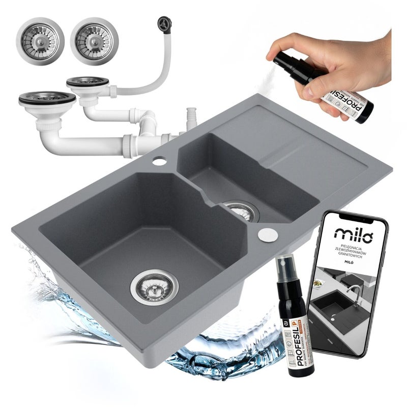 Zlewozmywak półtorakomorowy z ociekaczem Kenzo szary w zestawie z syfonem przyściennym