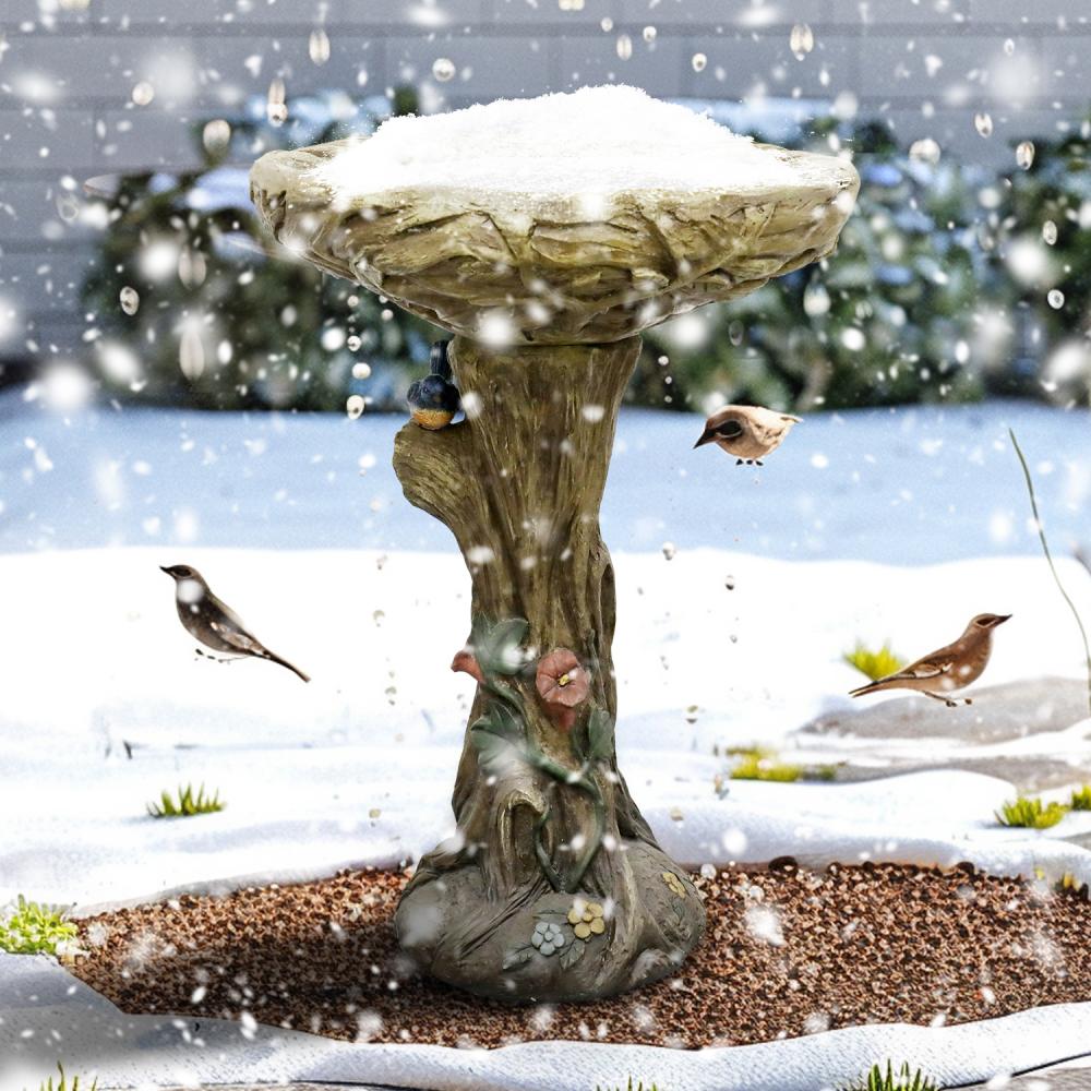 Fontaine pour oiseaux en béton effet bois 65 cm avec bassin profond et oiseau décoratif pour jardin élégant - 2