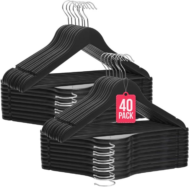 Pack de 40 Perchas de Madera Maciza color negro con Gancho Giratorio 360° y Muescas Antideslizantes - con Barra para Pantalones - Alta Resistencia