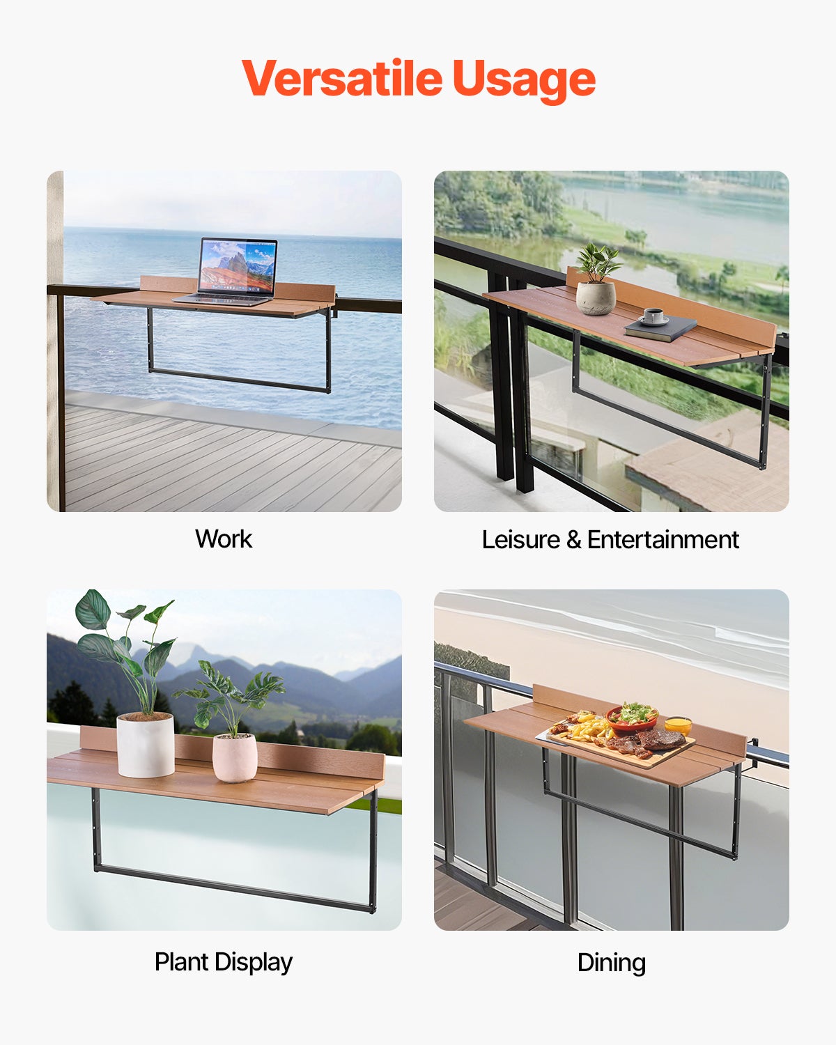 Table Suspendue Balcon,VEVOR 1000 x 485 x 480 mm,Table Pliante pour Balustrades Extérieures,avec Plateau 1000 x 345 mm,Réglable sur 5 Niveaux - 6