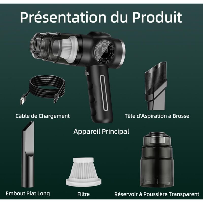 Aspirateur de voiture 29000Pa 120W - Aspirateur à main rechargeable puissant avec écran LCD et batterie longue durée - 4