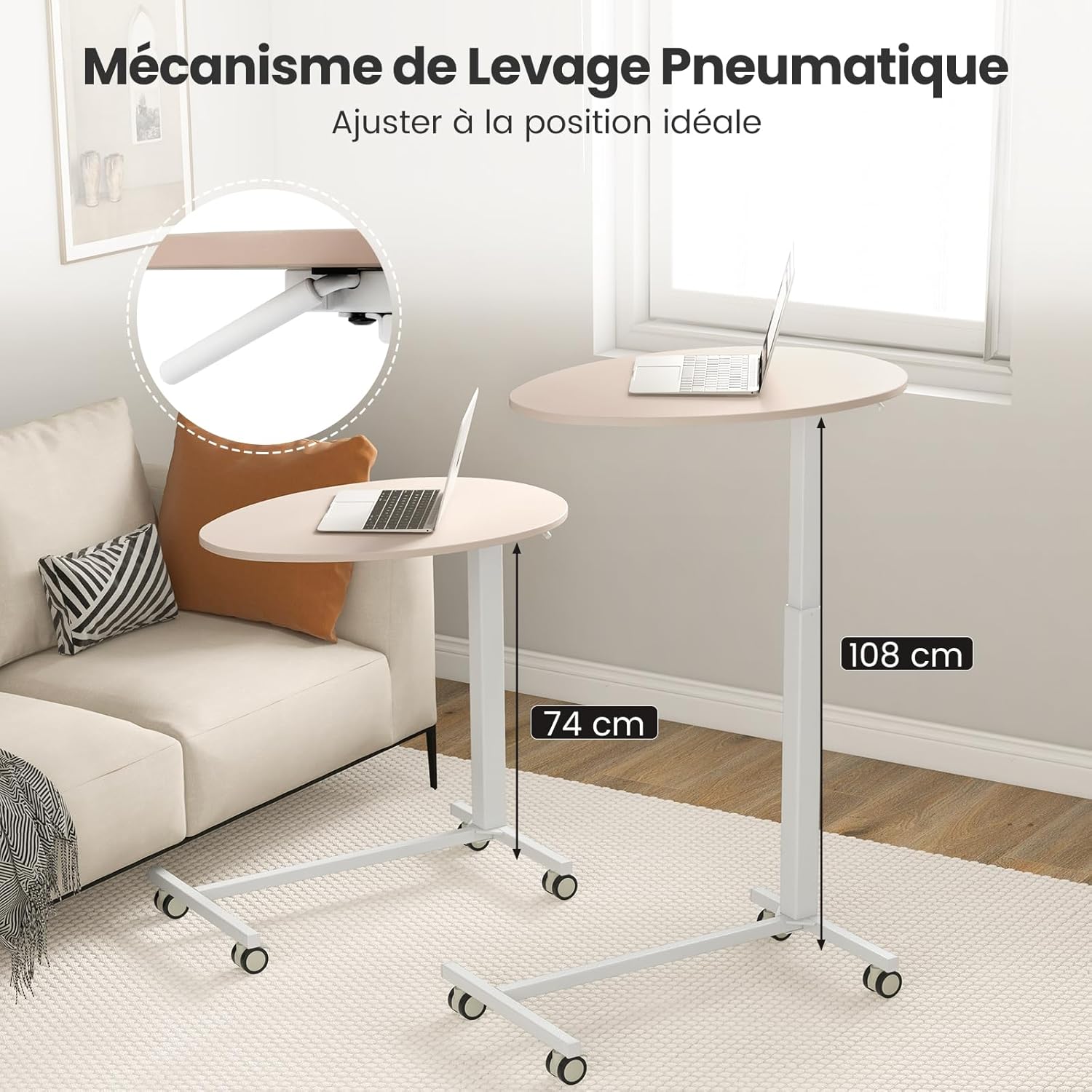 Tavolino da Letto e Divano per PC, Tavolino Regolabile in Altezza con Ruote Bloccabili e Piano Ovale, Tavolino per Mangiare e Lavorare, 76 x 5 - 6