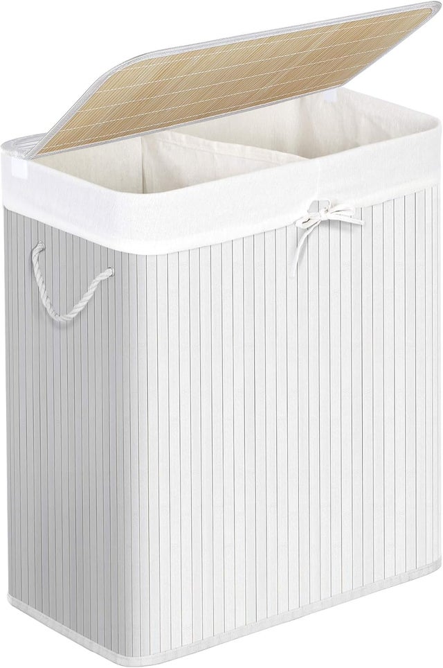 Cesta de lavandería con tapa, 2 compartimentos, de bambú, con bolsa extraíble lavable, 100 l, para colada, dormitorio, blanco