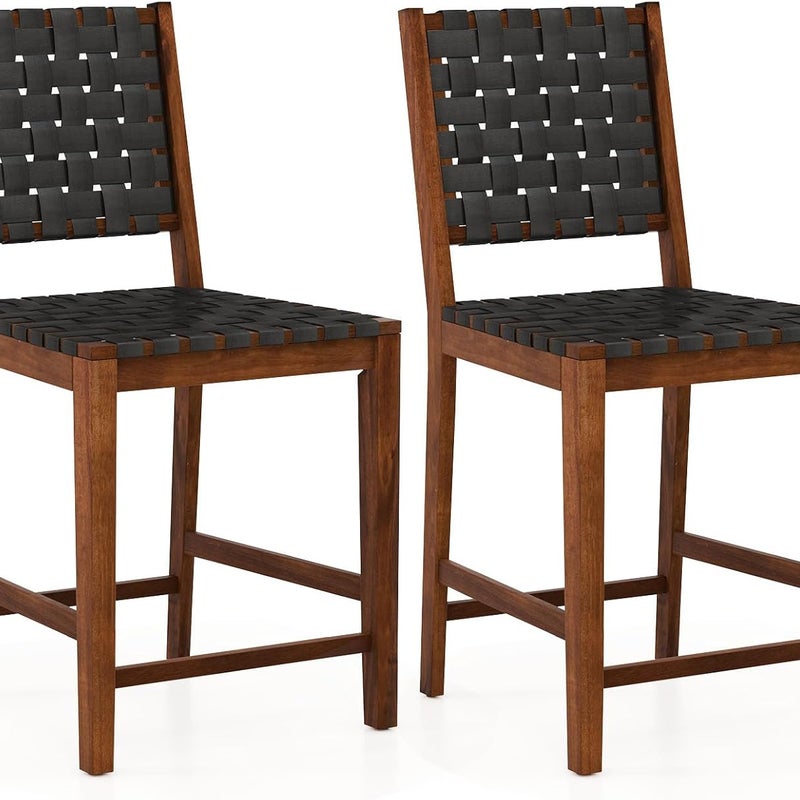 Zestaw 2 Stołków Barowych z Litego Drewna, Krzesła do Jadalni z Plecionką z PU, Siedzisko 61 cm, Nośność 150 kg, do Salonu lub Baru