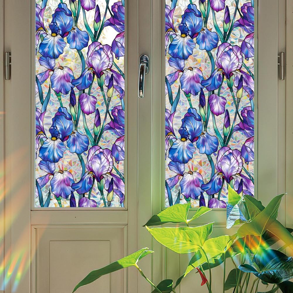 Folia okienna zapewniająca prywatność - naklejka winylowa 3D z przylepcem statycznym na witraż - wzór irysa - nieprzylepna - 43 x 100 cm