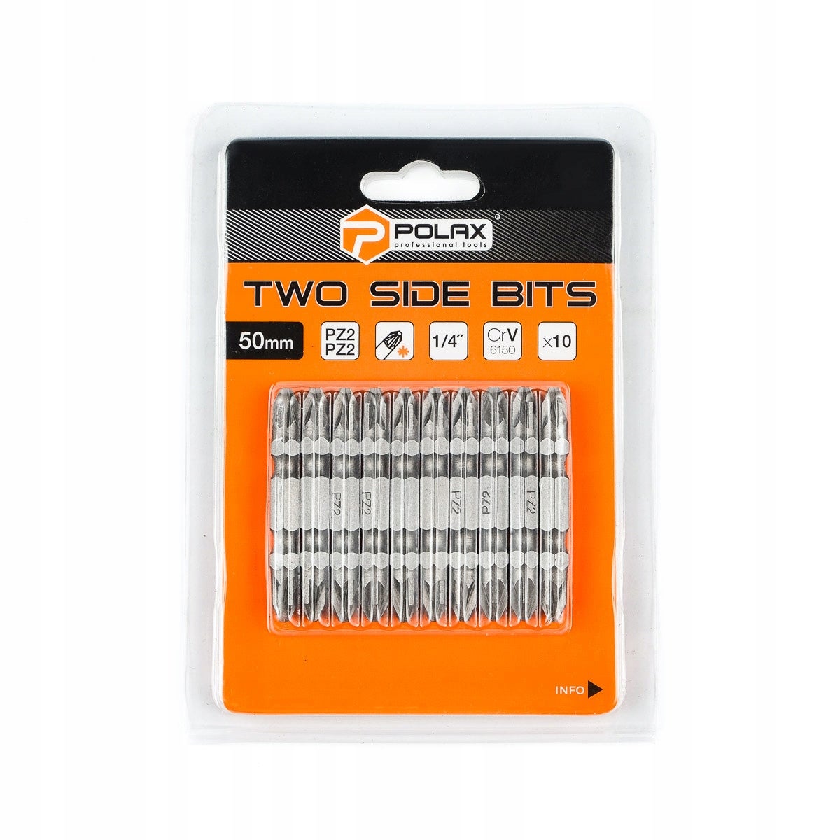 Zestaw bitów dwustronnych 50mm PZ2 - PZ2 1/4" 6150CRV (10 szt) Polax