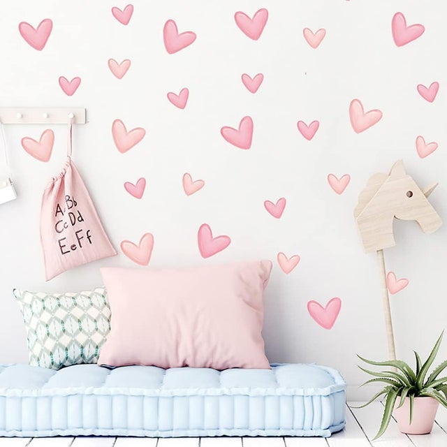 Adesivo de parede de coração rosa com 80 peças em PVC para interior de quarto, sala de estar, quarto de criança, quarto de bebê