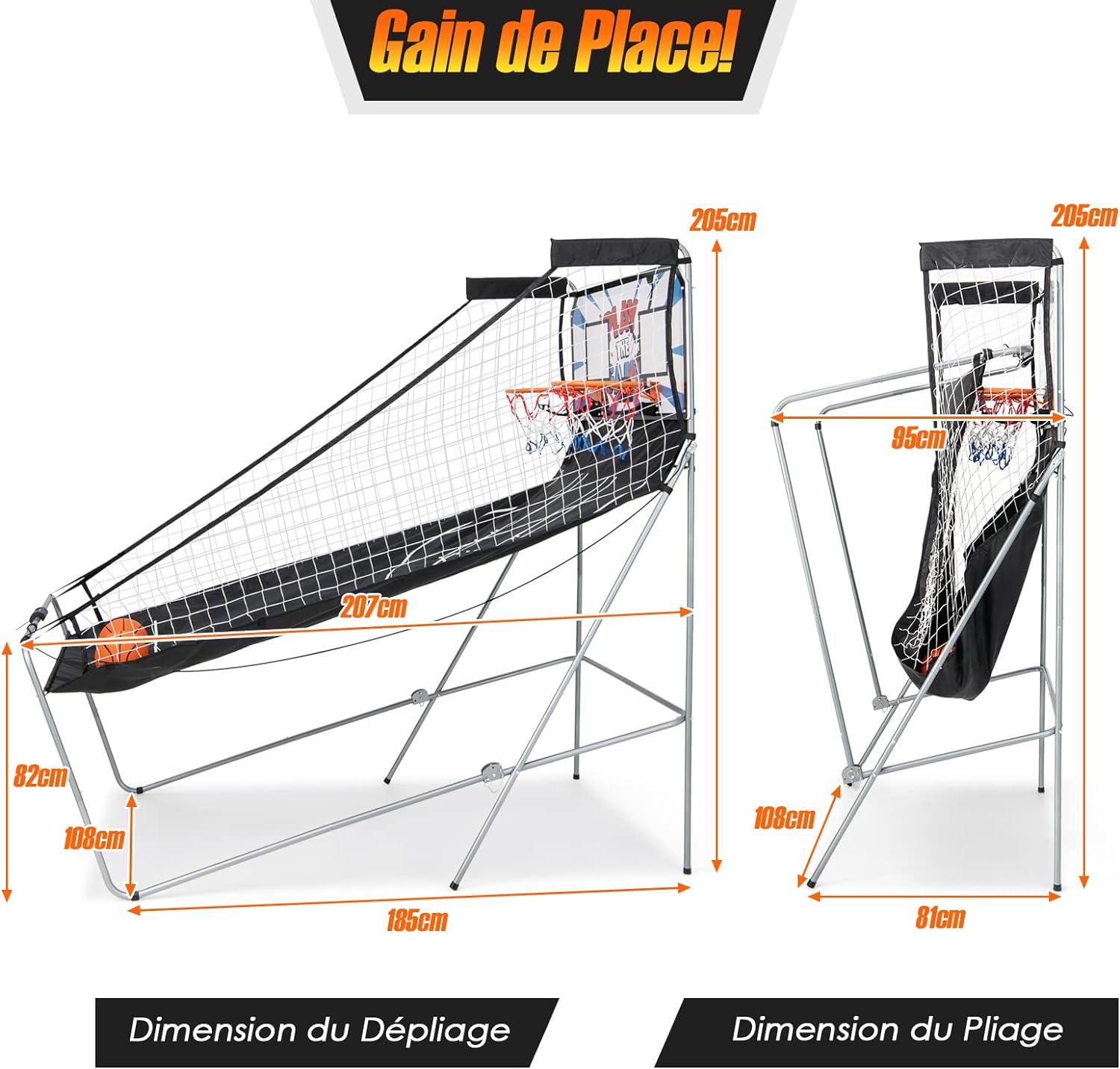 Jogo de basquetebol dobrável, 2 aros e 4 bolas, 8 modos de jogo, sensor elétrico, placar LED, 4 botões de funcionamento, 207 x 108 x 205 cm - 6