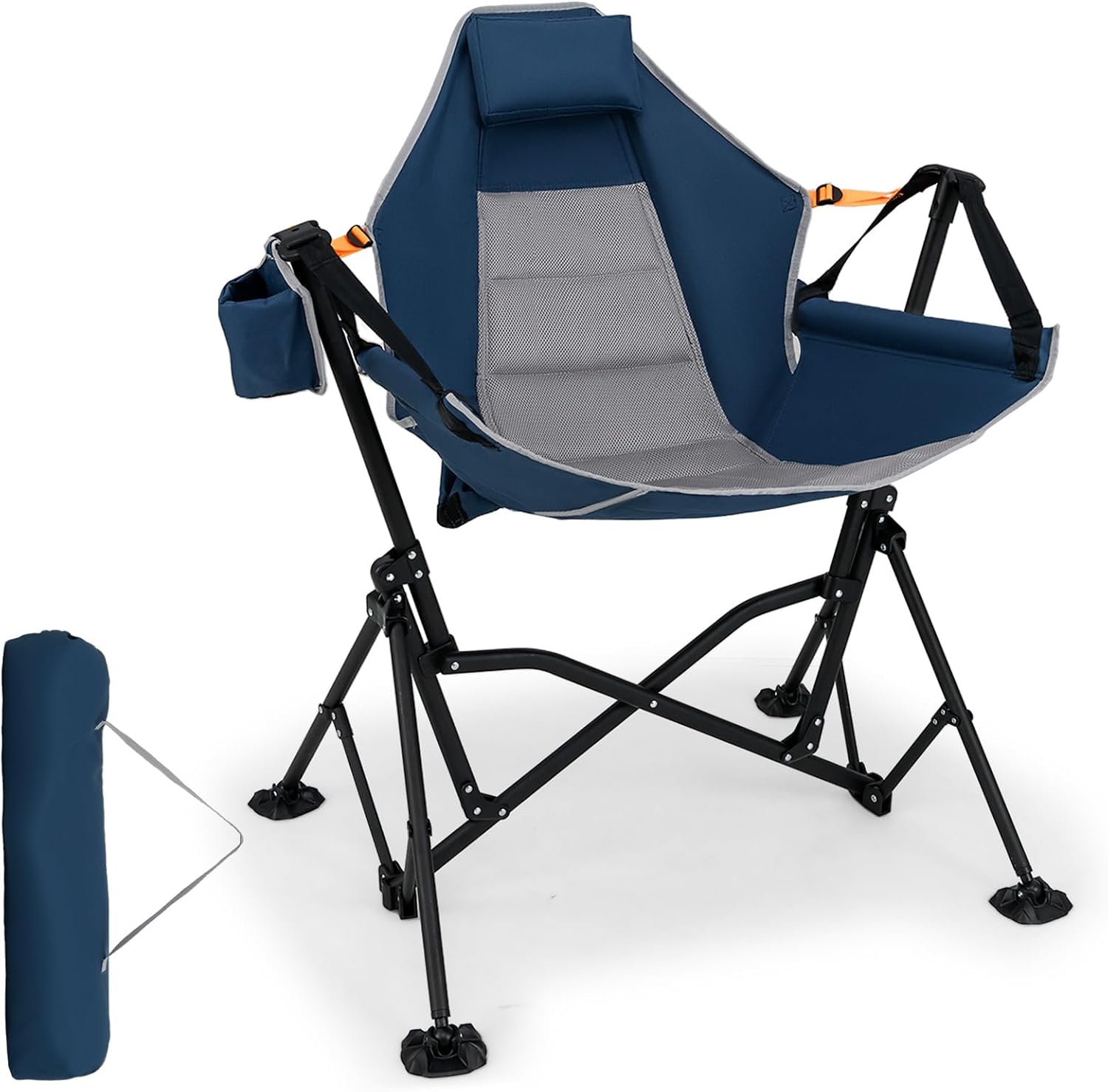 Krzesło kempingowe, składane krzesło z regulowanym oparciem, zagłówkiem i uchwytem na napoje, krzesło składane, nośność 150 kg (niebieskie)