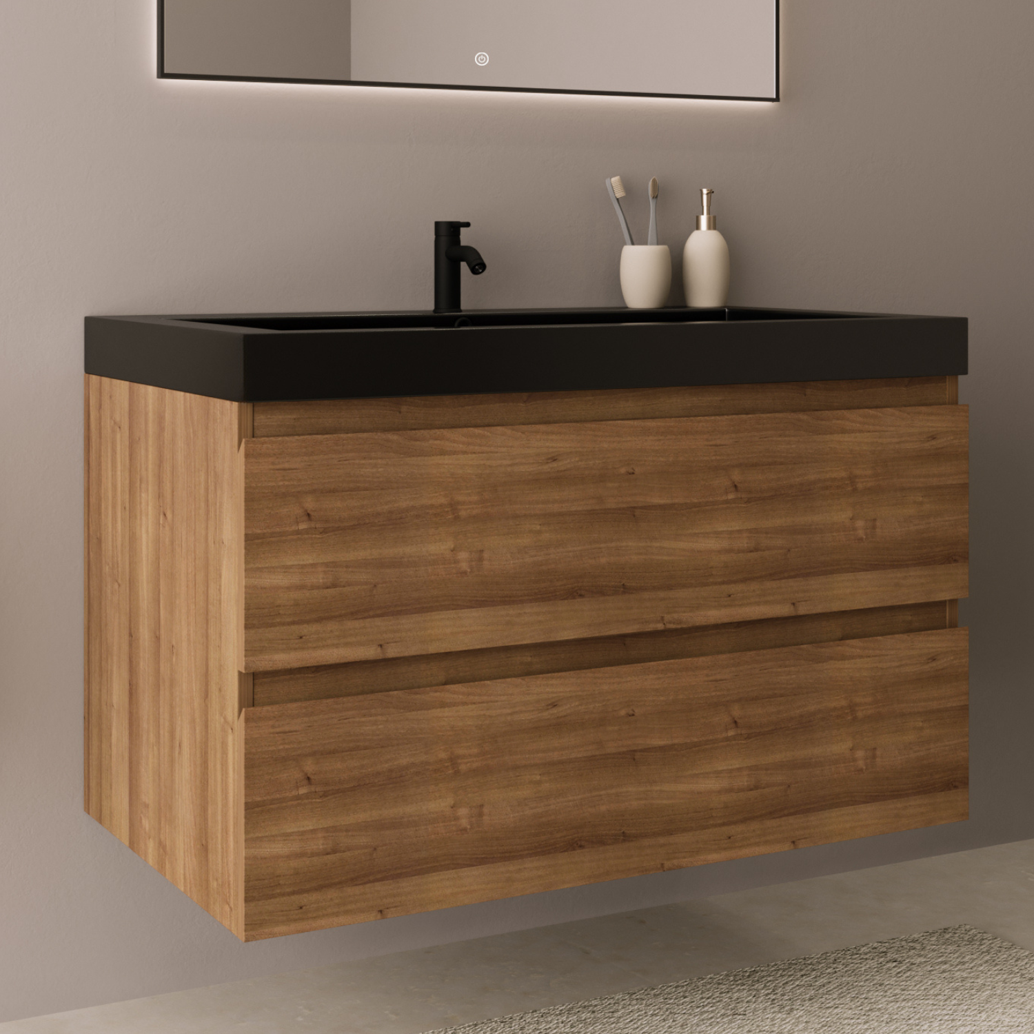 Ensemble meuble vasque 80 cm avec colonne - LOMAZOO Avalon - chêne chaud - lavabo noir - 2