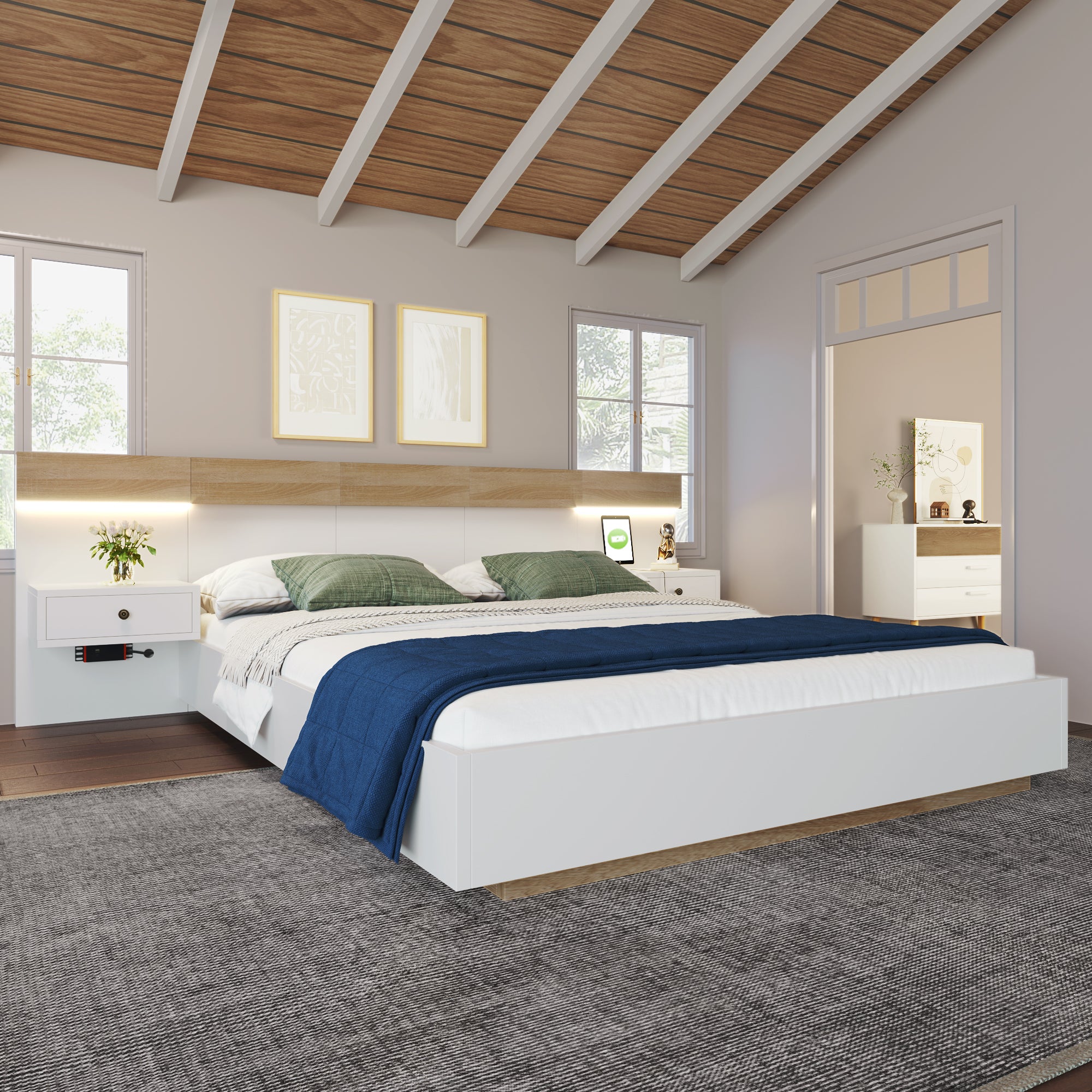 Łóżko dla dorosłych 160x200 cm z drewna z wiszącymi szafkami nocnymi + gniazda LED i USB + stelaż z listew - białe - 4