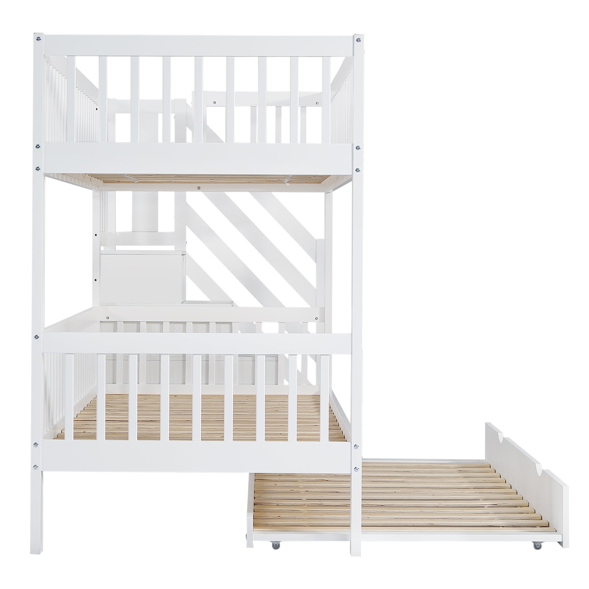 Lit superposé 90x200 cm avec lit gigogne 90x190 cm - en bois de pin - avec échelle de rangement et garde-corps - Blanc - 6