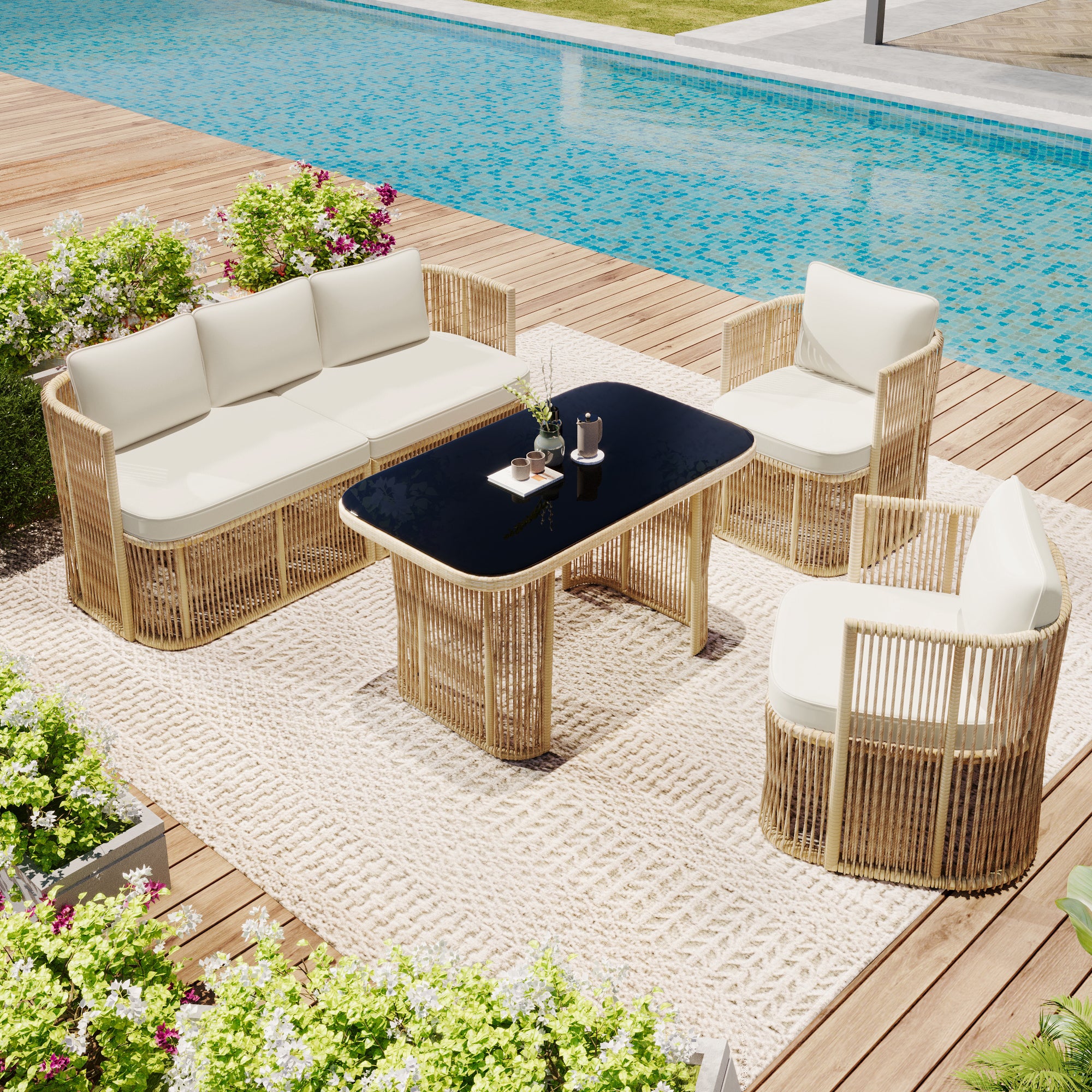 Salon de Jardin en Résine Tressée 5 Pièces - Canapé 3 places, 2 Fauteuils et Table en Verre Trempé - Coussins Épais - Beige et Noir - 2