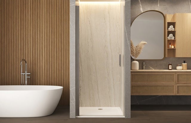 Cabine de douche 90 cm porte battante simple niche H 200 cm verre 6 mm profil MILA SATINÉ