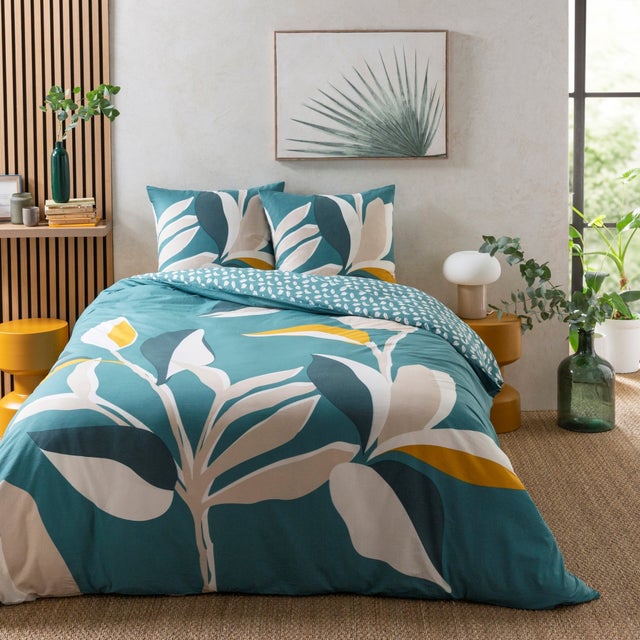 Parure de lit 2 personnes tropical réversible feuilles 260x240cm