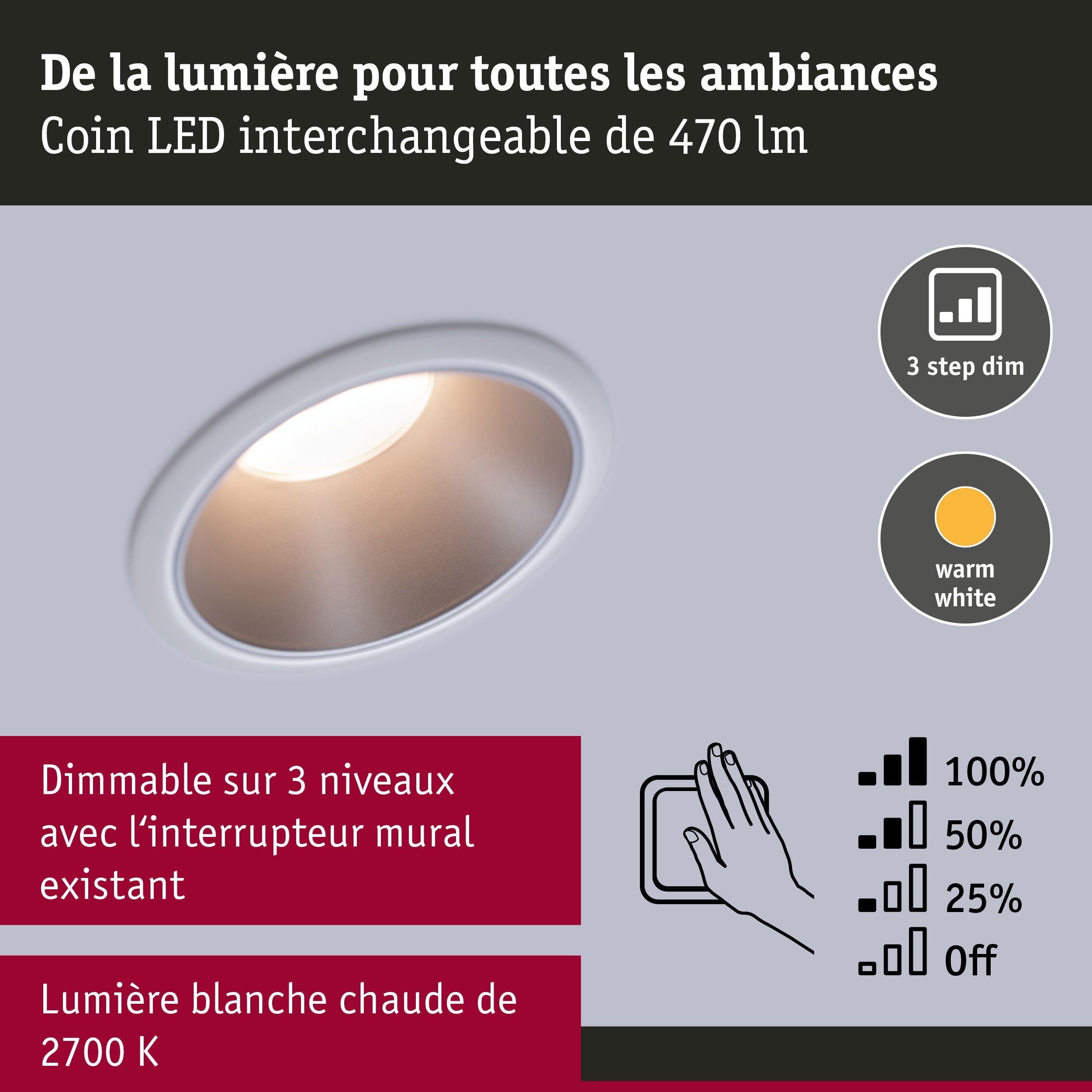 Spot encastré LED 3-Step-Dim Cole Coin Kit de 6 IP44 rond 88 mm Coin 6x6W 6x470lm 230V gradable 2700K Blanc, Argent mat - 5