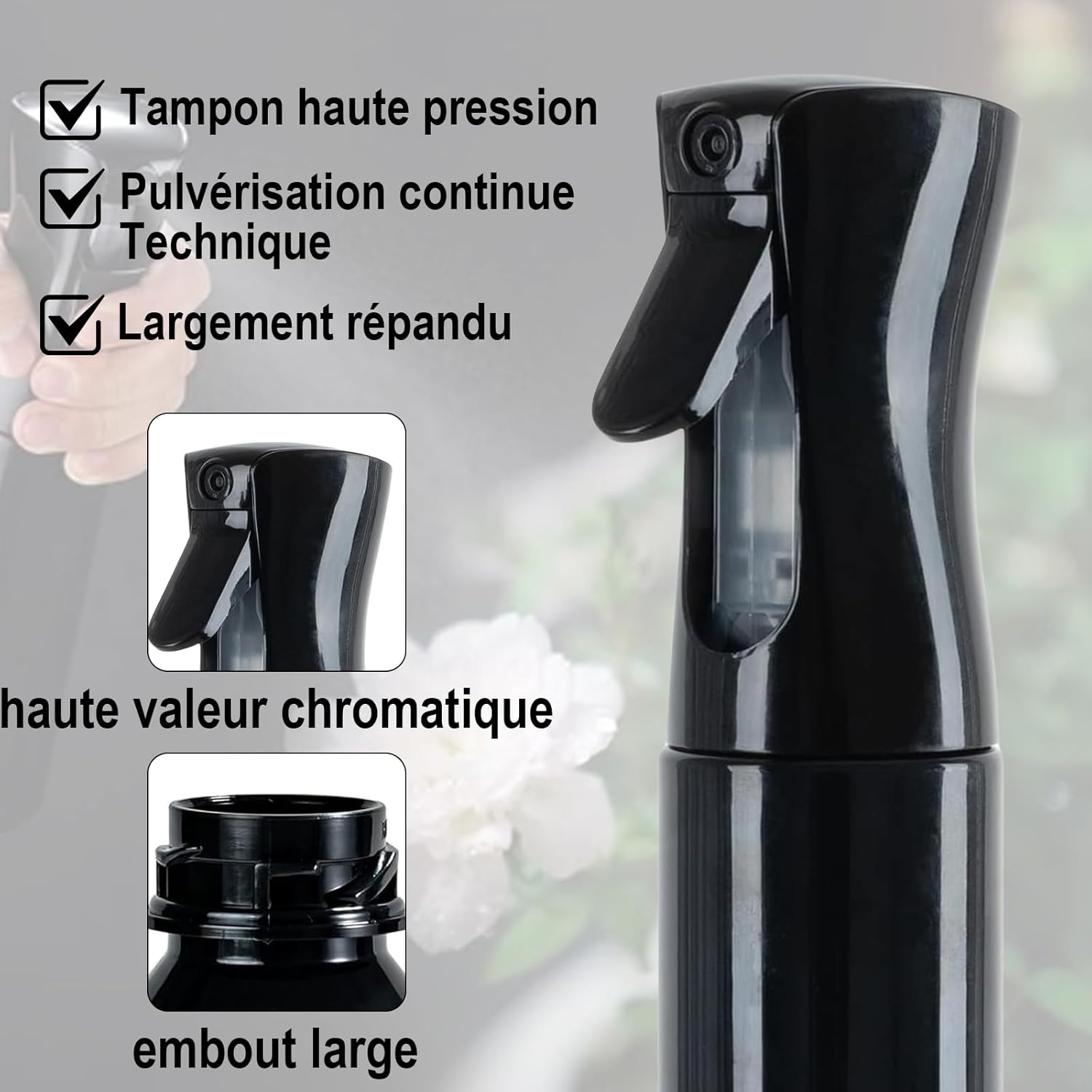 Lot de 2 vaporisateurs d'eau de 200 ml, avec brume fine continue, pour plantes, nettoyage, alcool, etc(noirs) - 4