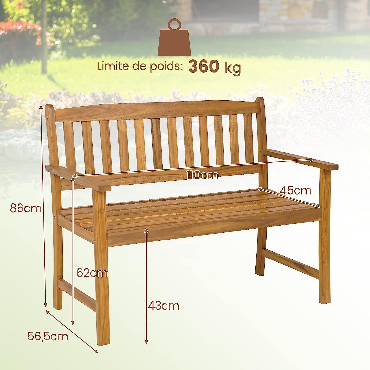 Banc de Jardin en Bois en Acacia pour 2 Personnes, Banquette à Lattes Charge 360KG, pour Patio Cour Balcon, 110 x 56,5 x 86 cm - 5
