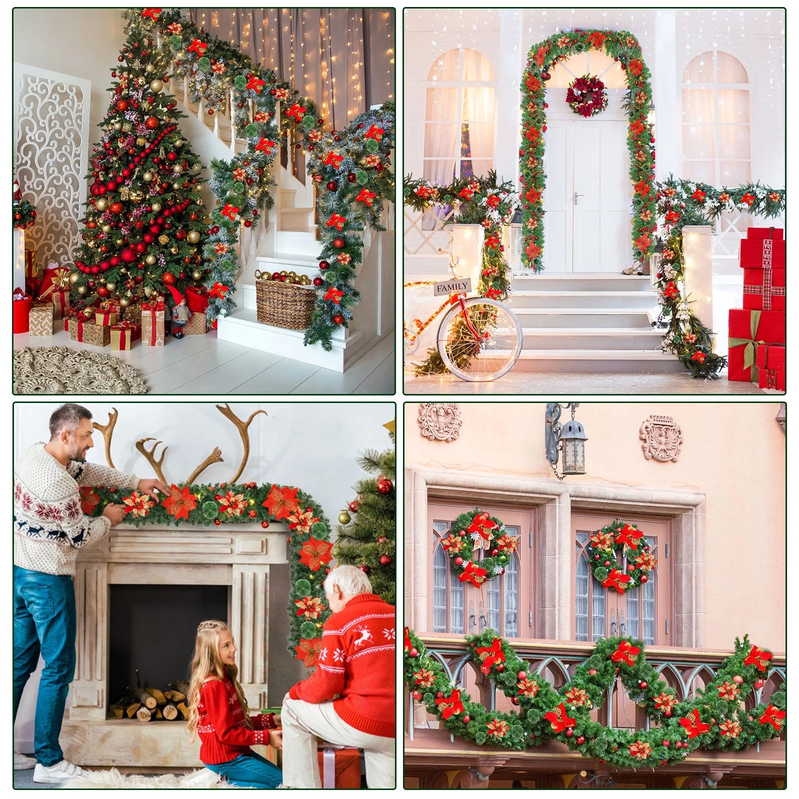 Guirlande de Noël de 270 cm avec lumières LED, décoration de Noël, couronne de Noël artificielle illuminée avec fleurs, décorations pour sapin de Noël - 6